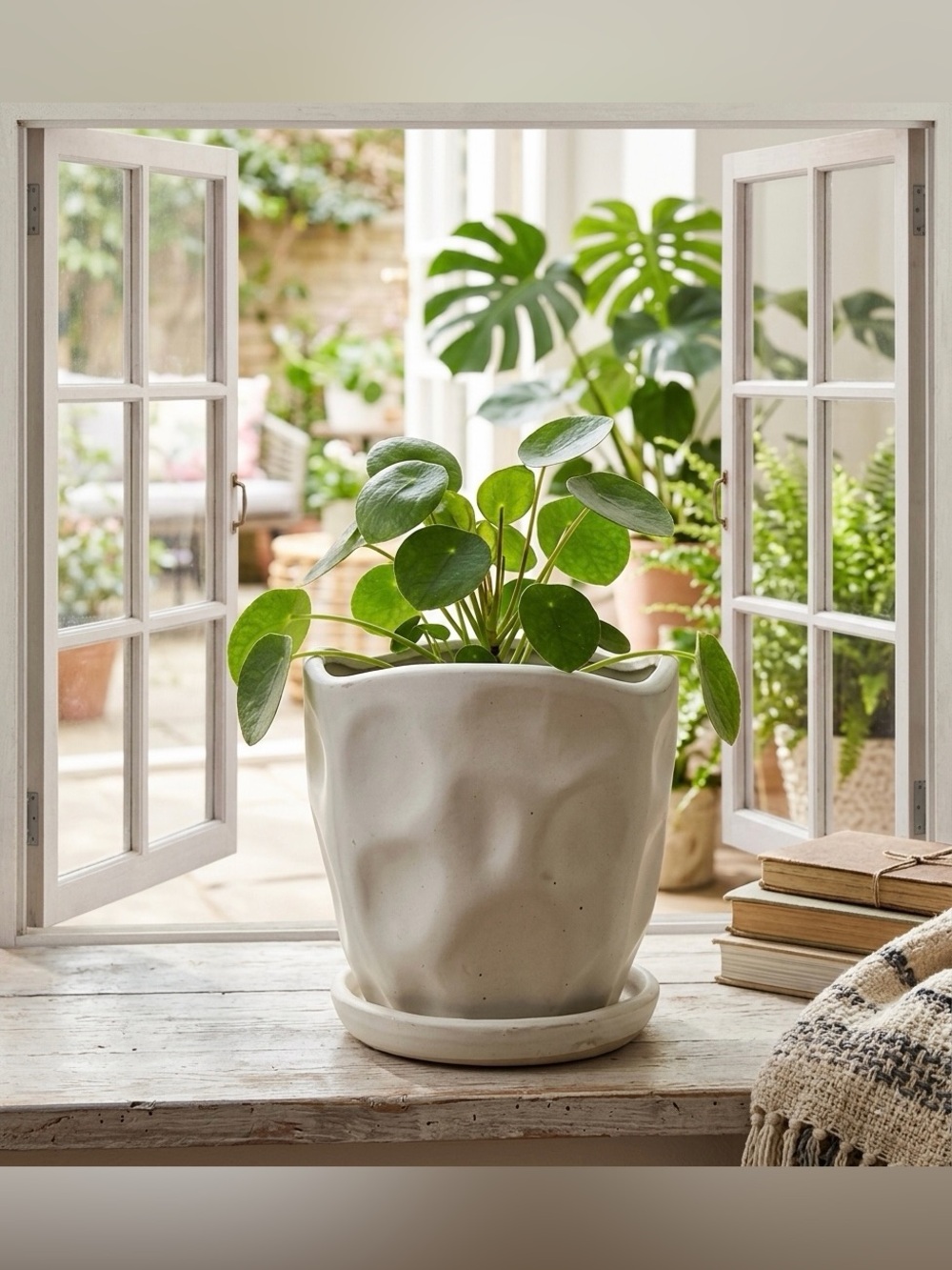 White Ceramic Barrel Planter with Attached Saucer & Drainage Hole